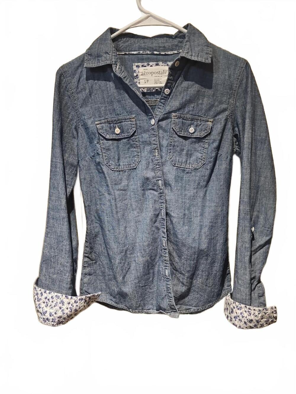 Aeropostale Womens Small Blue Denim Button Down Shirt Long Sleeve Flip Cuff